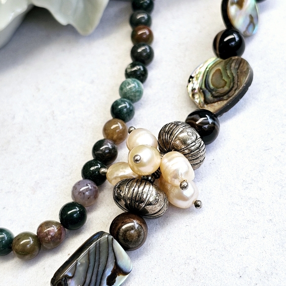 Mother of Pearl Gemstone and Abalone Bead Double-Strand Necklace with Pearls - Picture 4 of 15